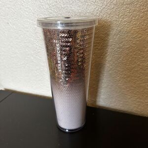 Starbucks Holiday 2018 Rose Gold White Sequin Tumbler Venti 24 Oz W/lid No Straw
